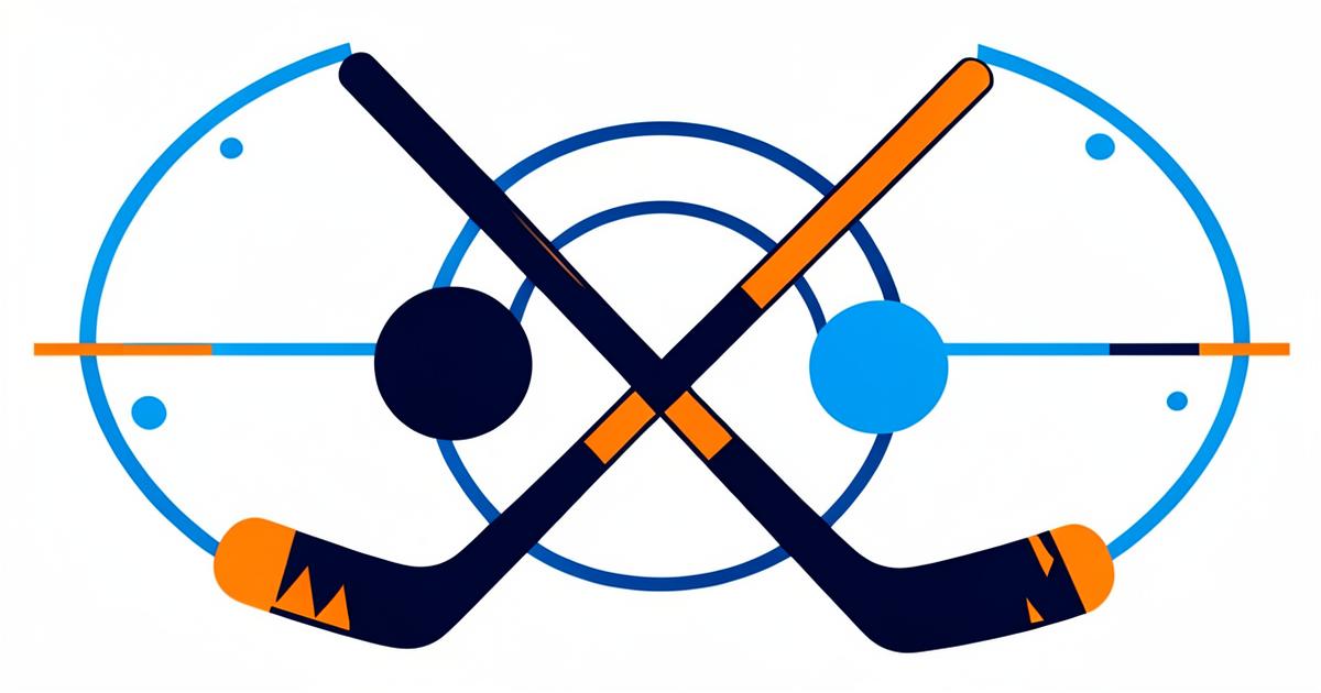 Original Arena illustration of a hockey puck, crossed sticks and face-off circles