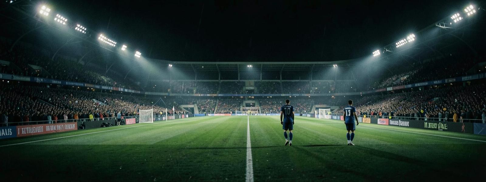 A floodlit football stadium at night