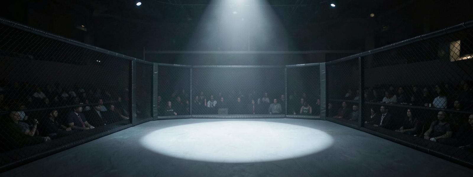 An MMA cage under a spotlight