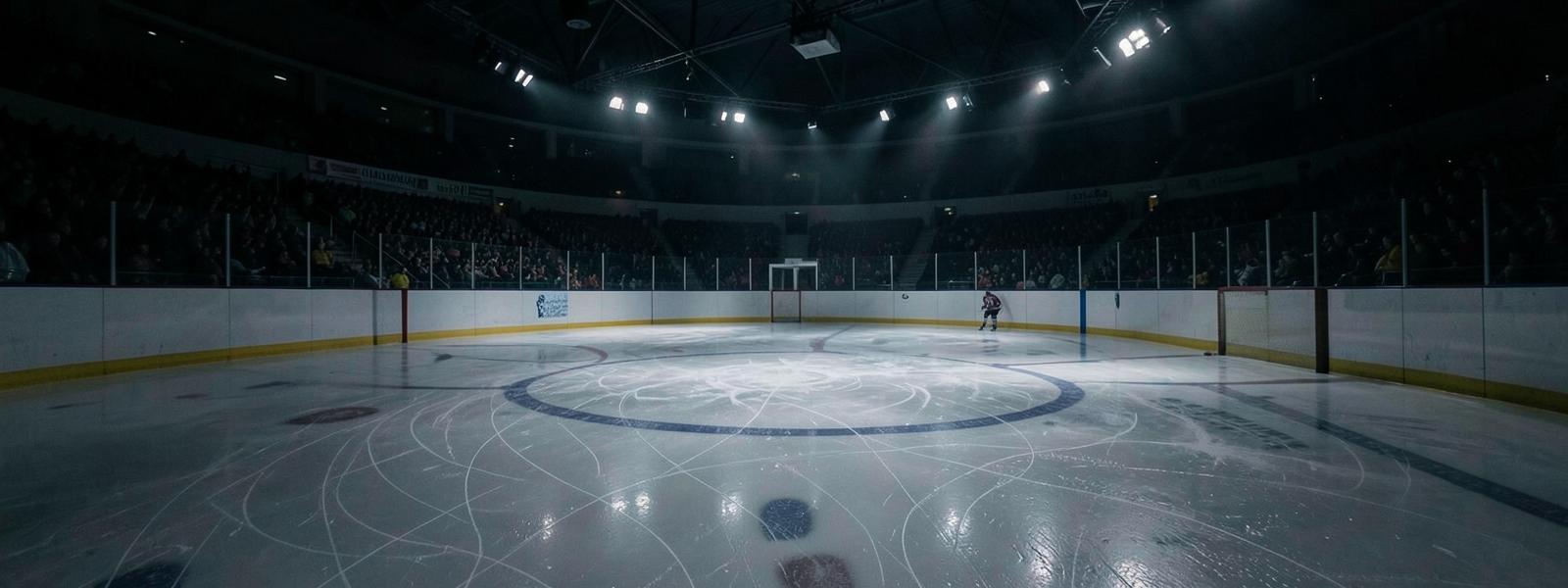 An ice hockey rink under arena lights