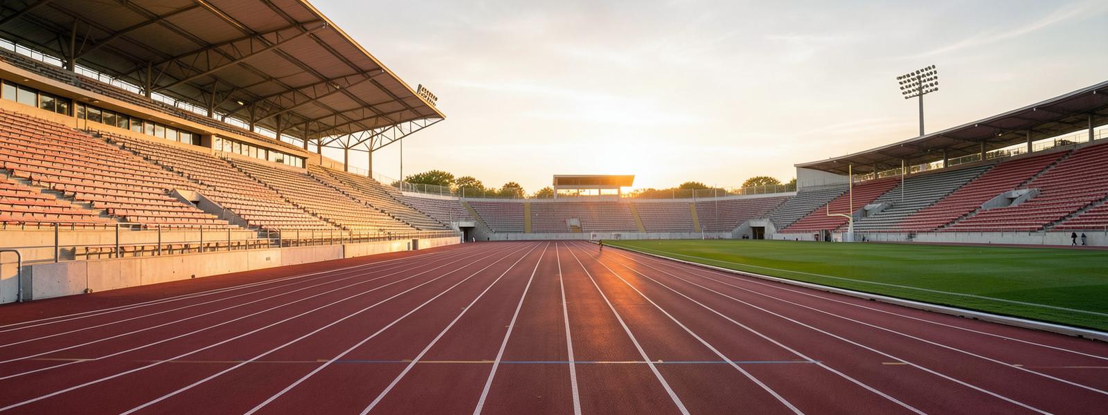 An empty athletics track at sunrise