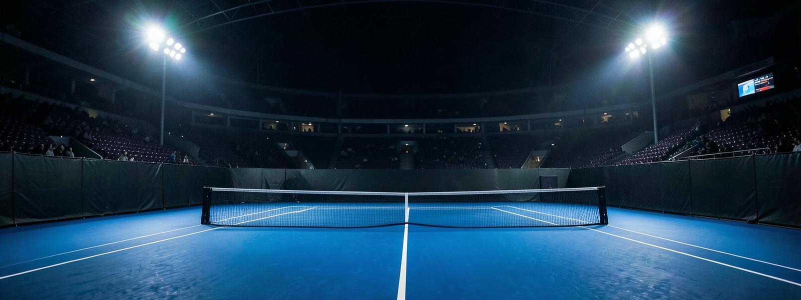 A floodlit tennis court